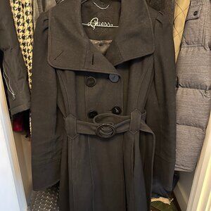 Guess Vintage Wool Long Pea Coat/Jacket Sz Large Black Double Breasted Belted